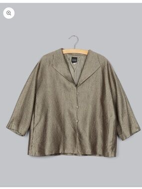 Eileen Fisher Metallic Silver Matrix Silk Boxy Button Front Jacket Blouse Small
